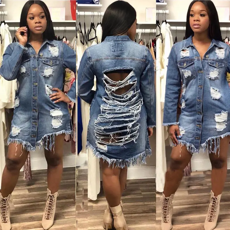 discount Girls New Fashion Casual Boyfriend Style Slim Denim Frayed Coat Long-Sleeve Hole Button Jean Spring