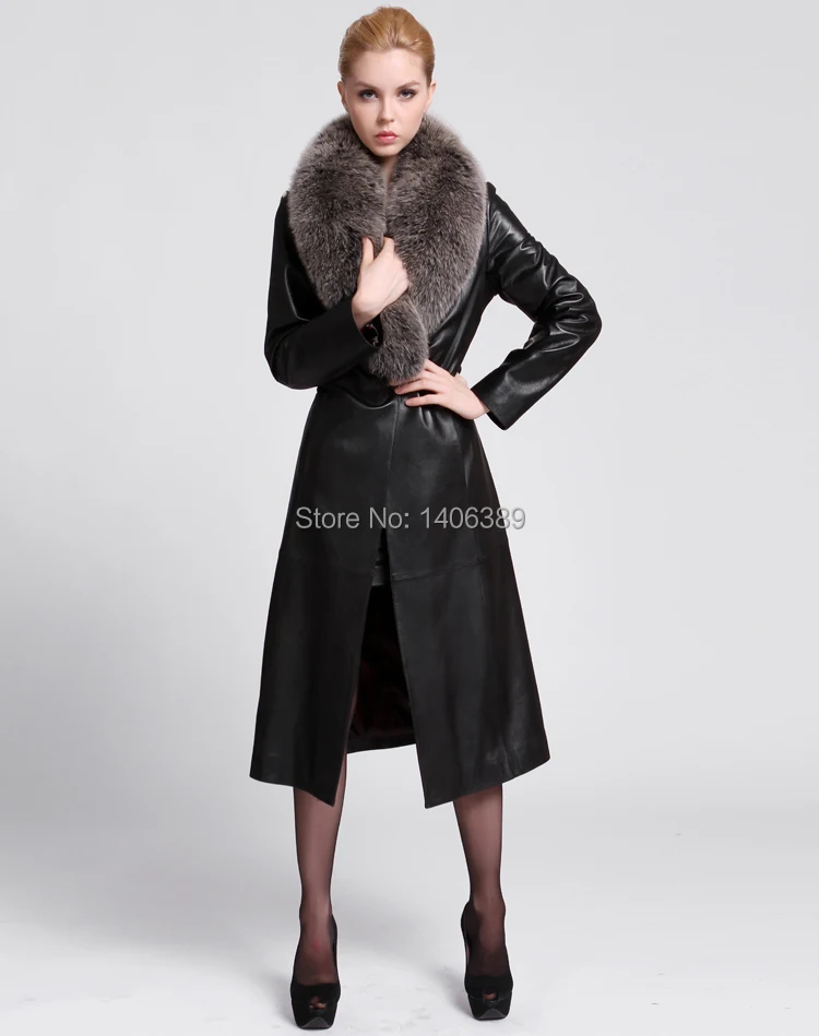 DL3007 Luxury Genuine Sheep Leather Coats With Fox Fur Collar Long
