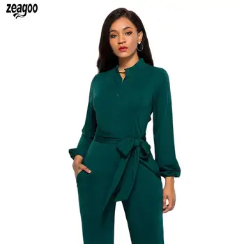 

Women Casual V-Neck Long Sleeve Solid Jumpsuit, Belt Button Wide Loose Spring, Autumn Leg Jumpsuit