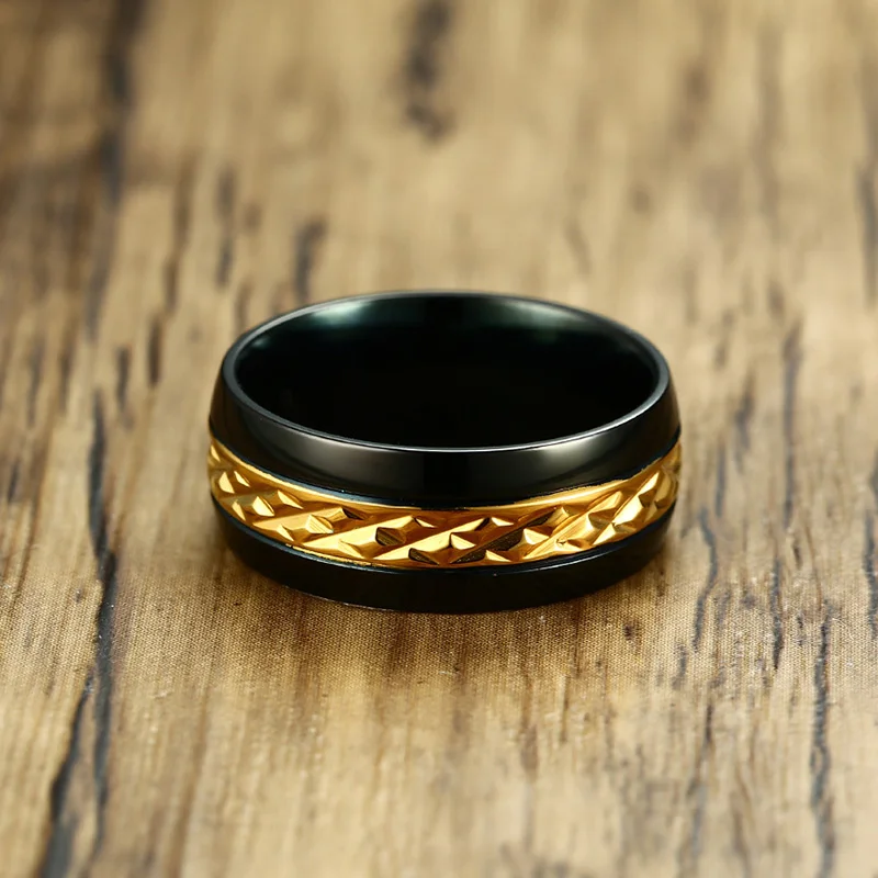 Meaeguet Personalized Black Faceted Cut Geometric Rings For Men Stainless Steel Wedding Bands Jewelry Anel 8MM Wide