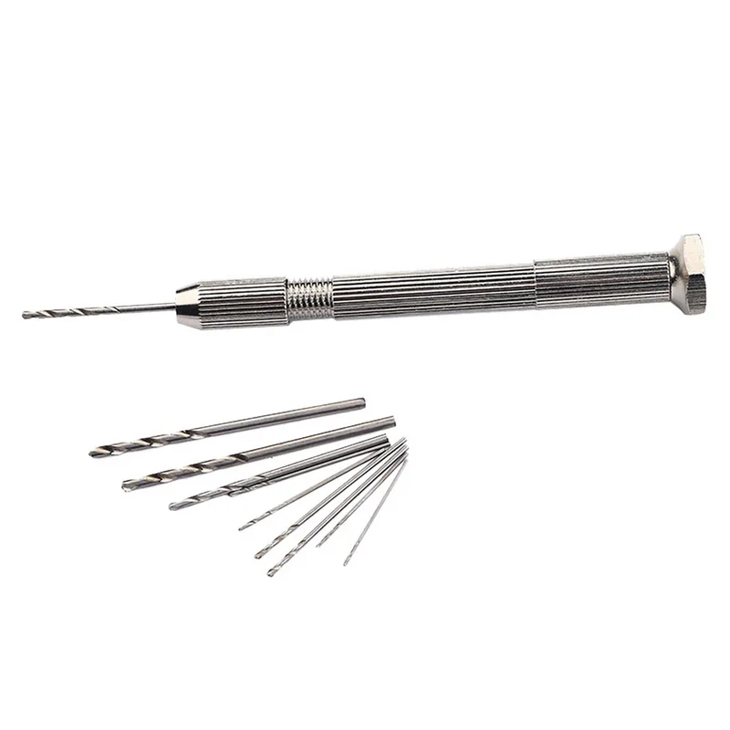 Junejour Aluminum Micro Hand Drill With Keyless Chuck& 10pcs 0.2-2mm/0.3-3.4mm Twist Drill Bit Woodwork Drilling Rotary Tool - Цвет: 0.2-2mm Silver