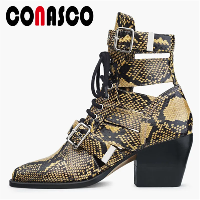 

CONASCO Autumn Women Genuine Leather Lace Up Buckle Ankle Boots High Heels Basic Short Boots 2020 Pointed Toe Party Shoes Woman