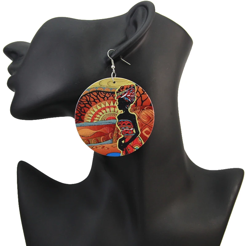 

SOMESOOR Printed Headwrap Woman African Ethnic Natural Wooden Drop Earrings Afro Black Tribal Dangle Jewelry For Women Gifts