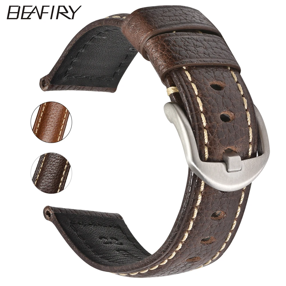 

BEAFIRY Vintage Brown 20mm 22mm 24mm Watch Band Calf Leather Watch Strap Handmade Litchi Watchbands Wristband For Samsung Huawei