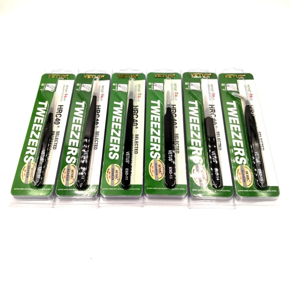 VETUS ESD Series Electro-Static Discharge Stainless Steel Tweezers Anti-static Antimagnetic Repair Process Components 1 Pcs