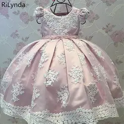 Розовые Платья с цветочным рисунком для девочек для вечерние vestido daminha пояс с жемчугом лук Кепки рукава платье с цветочным узором для