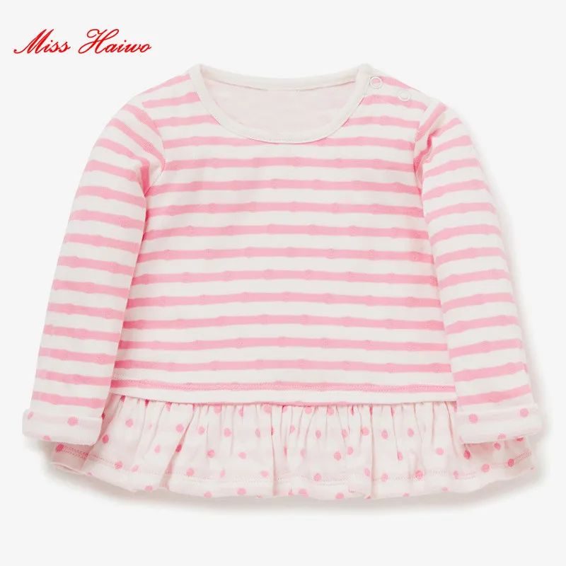 Мисс Haiwo длинный рукав футболка для девочек для Детская осенняя одежда детские розовые полоски кружева хлопка малыша пуловер для детей