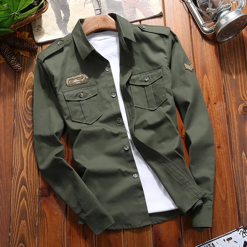 Осенняя мужская рубашка с двойным карманом в стиле милитари, мужские рубашки с длинным рукавом, высококачественные рубашки для мужчин - Цвет: Green