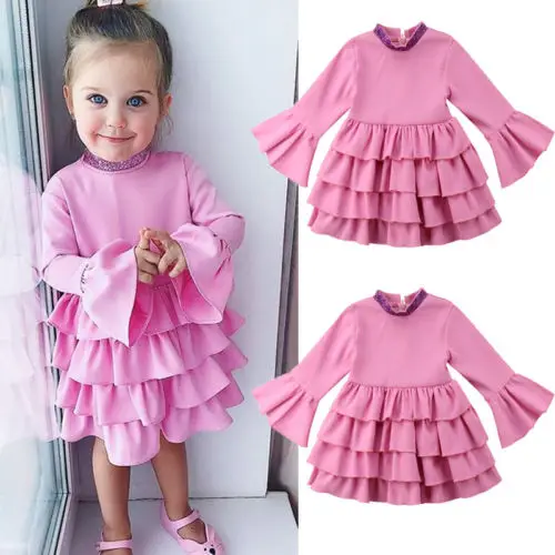 

2018 Brand New Princess Kids Baby Girls Ruffles Party Pageant Dress Solid Long Flare Sleeve Layered Dress Casual Clothes 6M-5T