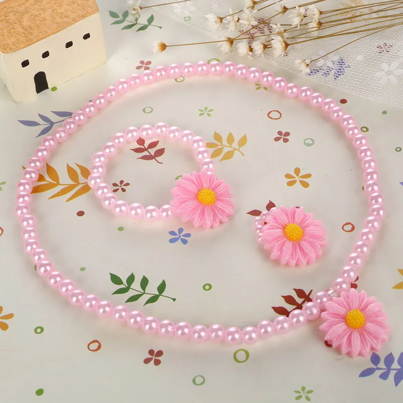 Kids Jewelry Sets Baby Girls Pink Simulated Pearl Chain Resin Flower