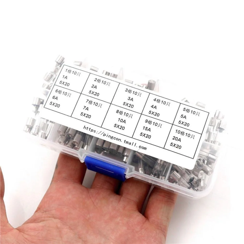 100 шт 5 мм x 20 мм Стекло предохранитель Быстрый плавкий предохранитель 1A 2A 3A 4A 5A 6A 7A 10A 15A 20A Стекло трубки комплект предохранителей