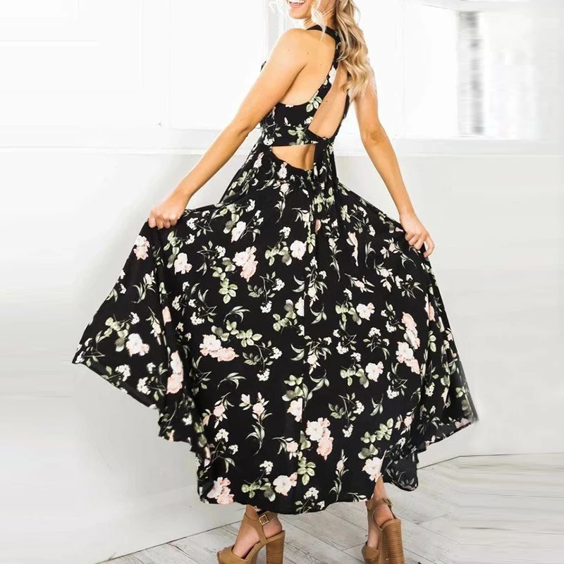 

Conmoto Boho Floral Print Backless Maxi Dress Women Halter Split Casual Beach Long Dresses Female Clearance Vestidos