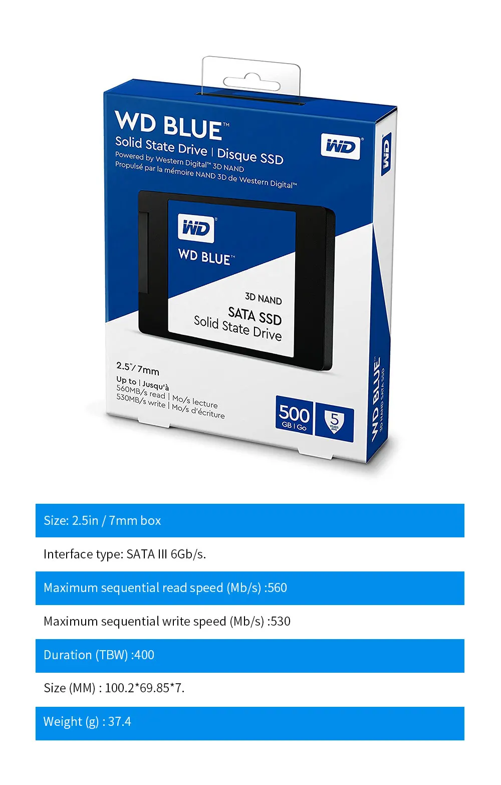 Western Digital WD Blue SSD 500gb interne твердотельный накопитель 500 GB-SATA 6 Гбит/с 2," WD Blue 3D NAND SATA SSD WDS500G2B0A