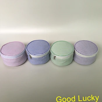 

10pcs/lot good quality new arrival 4 colors seersucker round cosmetic bag accessories purse monogram makeup bags seersucker