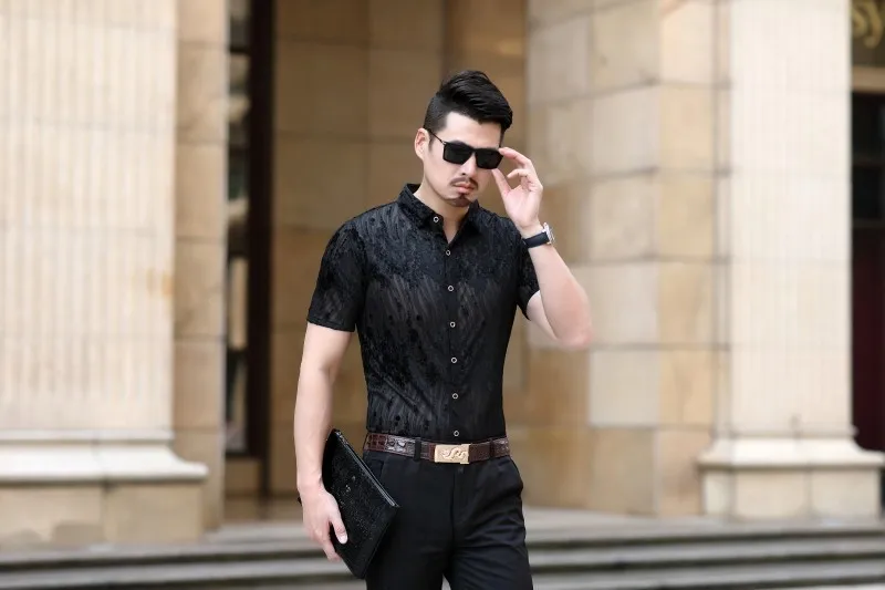 2019 Camisa социальной моды уличная рубашка Прозрачный бархатный с короткими рукавами рубашка Camisa Hombre Гавайский человек Camicia Uomo
