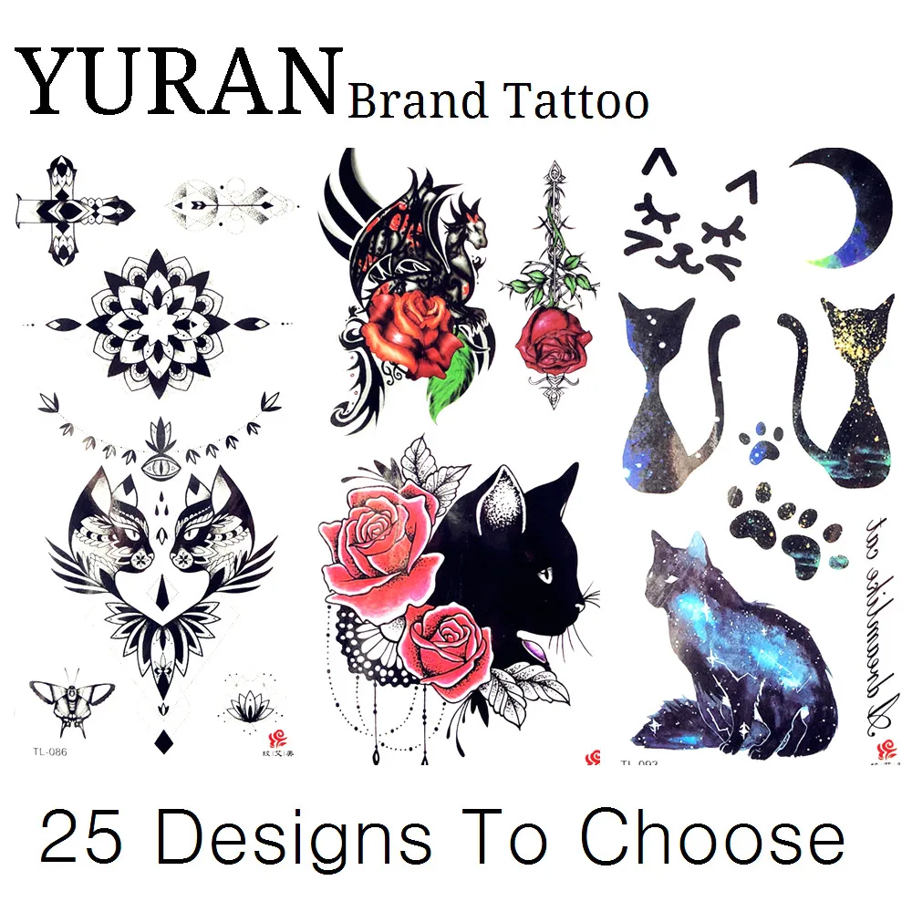 066 20 De Réductionhenné Tatouage Autocollants Ciel Noir Chats Rose Fleur Lune Corps Art Peinture Tatoo Jambes Poitrine Cou Fête Maquillage Filles