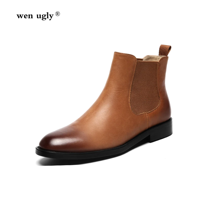 

wen ugly Vintage Leather Chelsea Boots Women's Winter Boots 2018 Autumn Short Boots Handmade Women's Shoes Flat Heel Ankle Boots