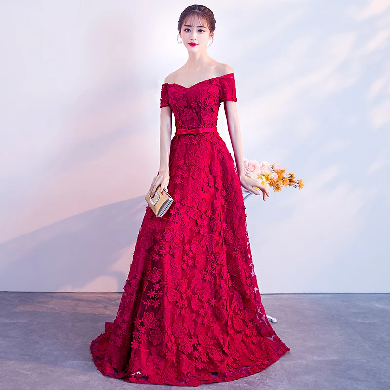 Elegant Red Evening Dresses Long Boat Neck Off The Shoulder Floor-Length Lace Formal Dresses For Women Evening Gowns Plus Size