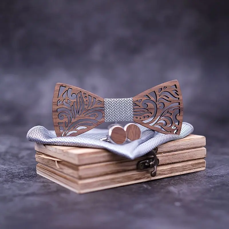  Wooden Bow Tie Set And Handkerchief Cufflinks Bowtie Necktie Gift For Men Wedding Party