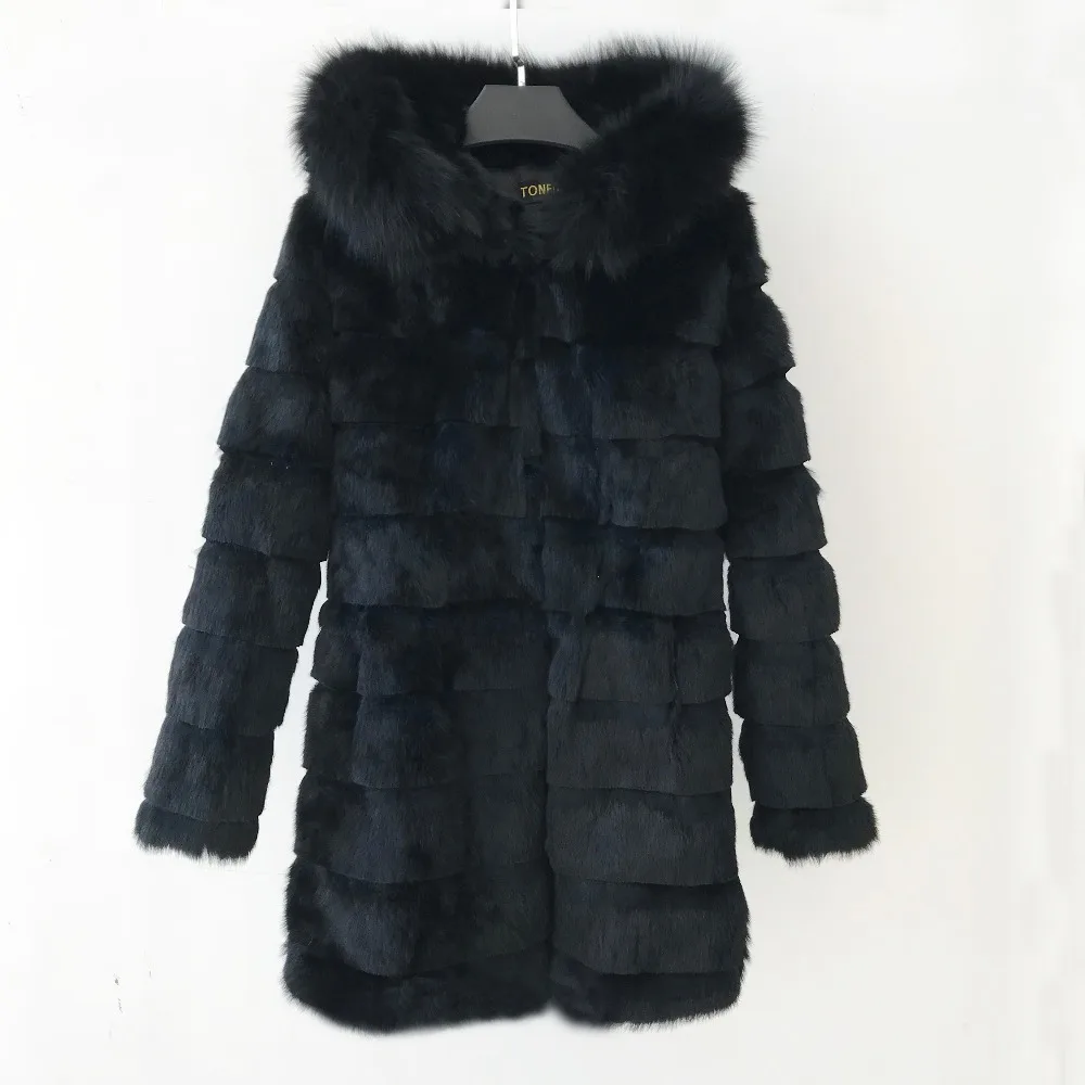

2019 New Female Big Fox Fur Collar Fur Overcoat Natural Rabbit Fur Coat Striped Fur Hood Winter Outwear ksr460