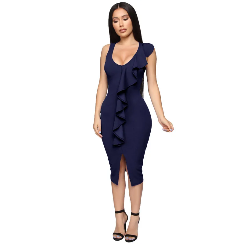 

JENYAGE Women Elegant New Arrival 2019 Evening Party Sleeveless Vintage Sexy Bodycon Below Knee Ruffles Midi Slit Fitted Dress