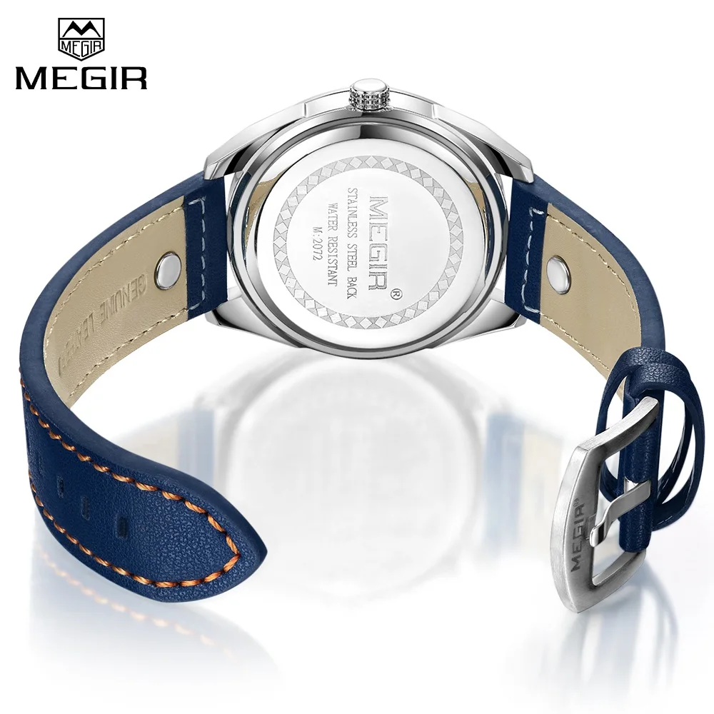 Мужские повседневные кварцевые часы MEGIR, модные спортивные военные наручные часы, часы с кожаным светящимся циферблатом, мужские часы