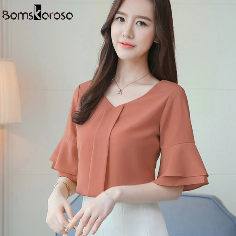 

Fashion 2018 Summer Women Tops And Blouses Chiffon Blouse Short Flare Sleeve Ladies Tops Casual Blusa Feminina White Shirt