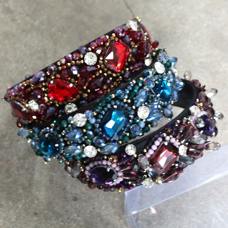 

Bride Tiaras Baroque Crown Blue Rhinestone Weaving Beads Head hoop Crystal Wide Headbands For Women Party Wedding Hair Jewelry
