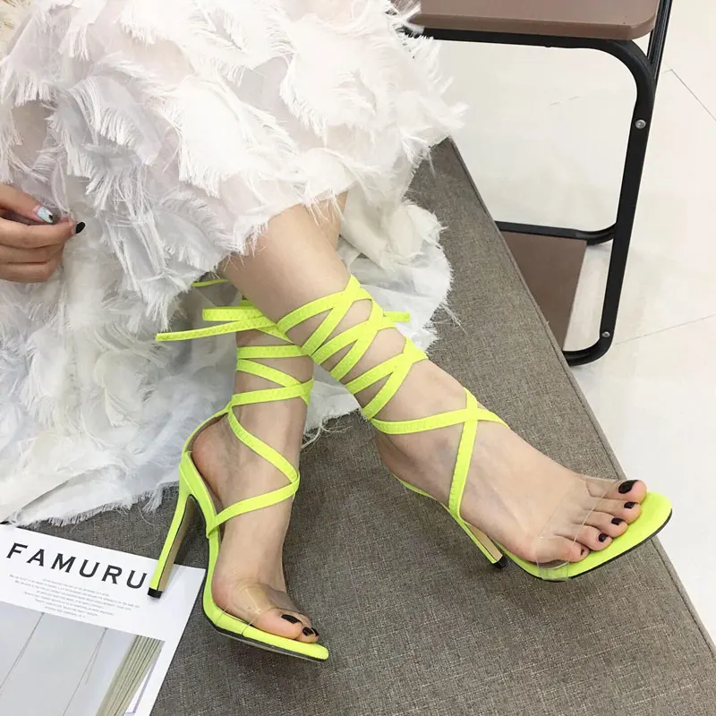 Bellinsley/брендовые летние женские босоножки на высоком каблуке со шнуровкой и флуоресцентным запахом; прозрачные женские босоножки; женская обувь под змеиную кожу; туфли-лодочки - Цвет: fluorscent