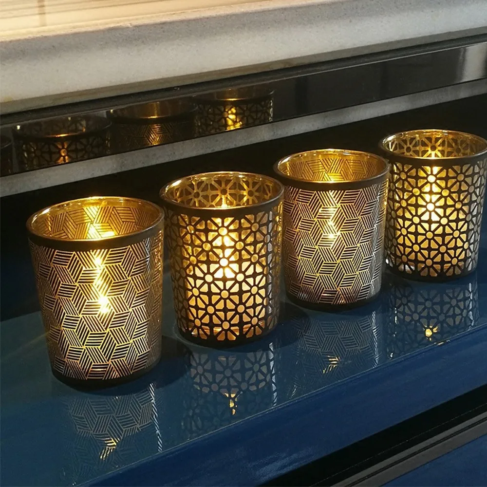 6pcs Votive Glass Candles Holder Set Black Gold Lattice Line Style Art Candlestick Tealight Candle Holder Wedding Home Decor