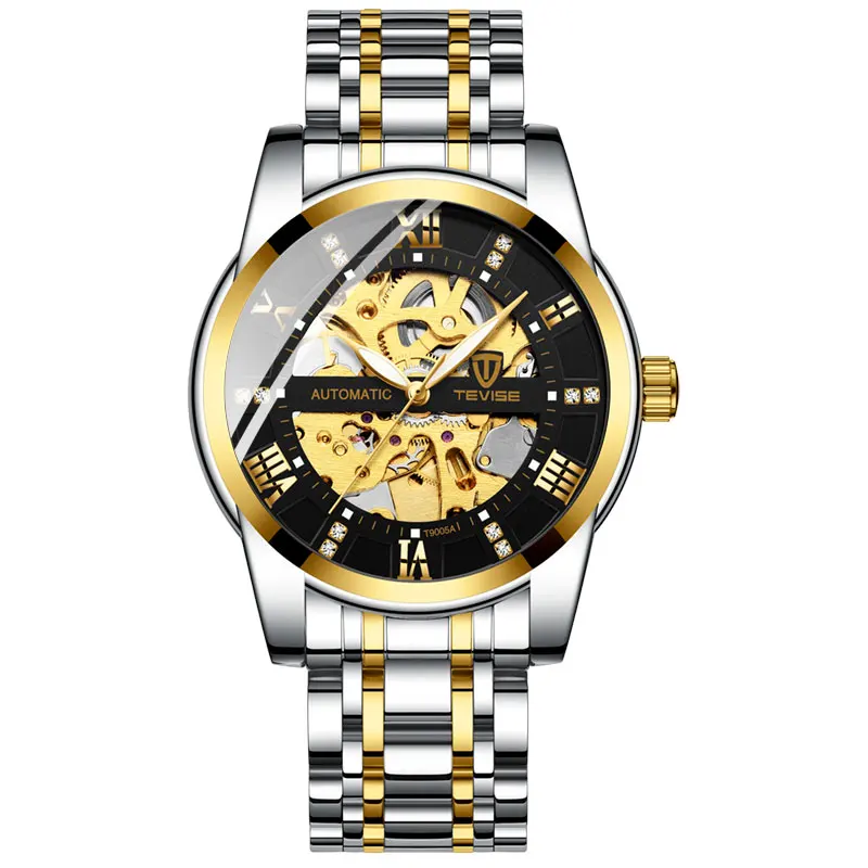 TEVISE Top Luxury Brand Mens Automatic Watches Men Stainless steel Skeleton Mechanical Wristwatch Relogio Masculino - Цвет: gold black