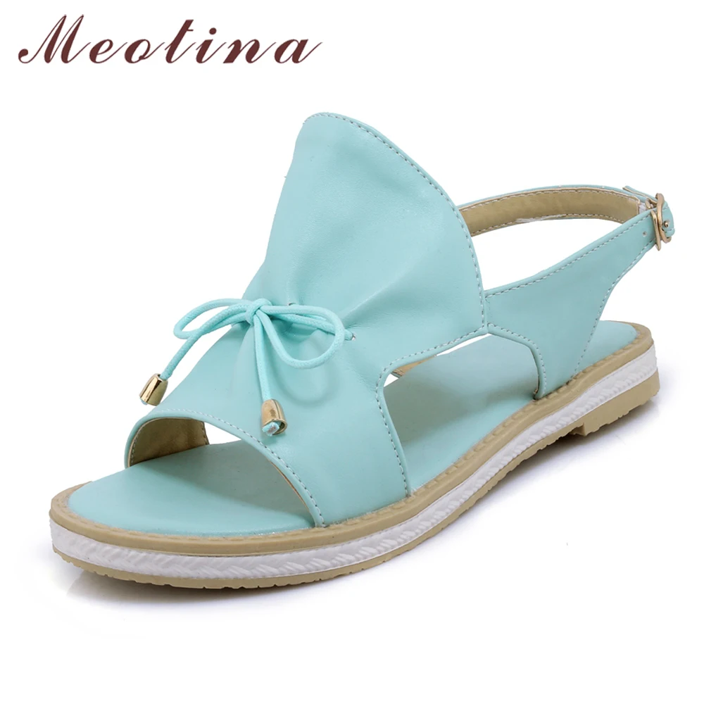 

Meotina Summer Sandals Women Shoes Sweet Bow Flat Shoes Pleated Buckle Open Toe Casual Sandals 2019 Blue White Plus Size 34-43
