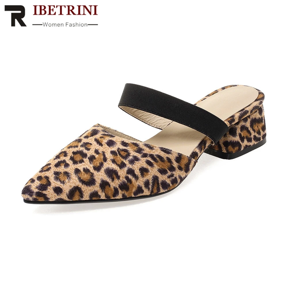 

RIBETRINI New Fashion Plus Size 31-47 Leopard Ladies Med Heels Mules Shoes Woman Casual Outside Summer Slippers Female Shoes