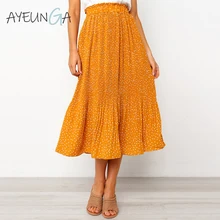 Высокая талия Цветочные плиссированная повседневная юбка с карманами Mujer женские летние эластичные длинные юбки богемные шифоновые в горошек юбки