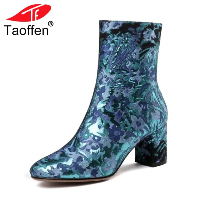 

TAOFFEN Size 33-43 Women High Heels Boots Fur Winter Woman Shoes Print Thick Heels Ankle Boots Warm Fashion Ladies Shoes