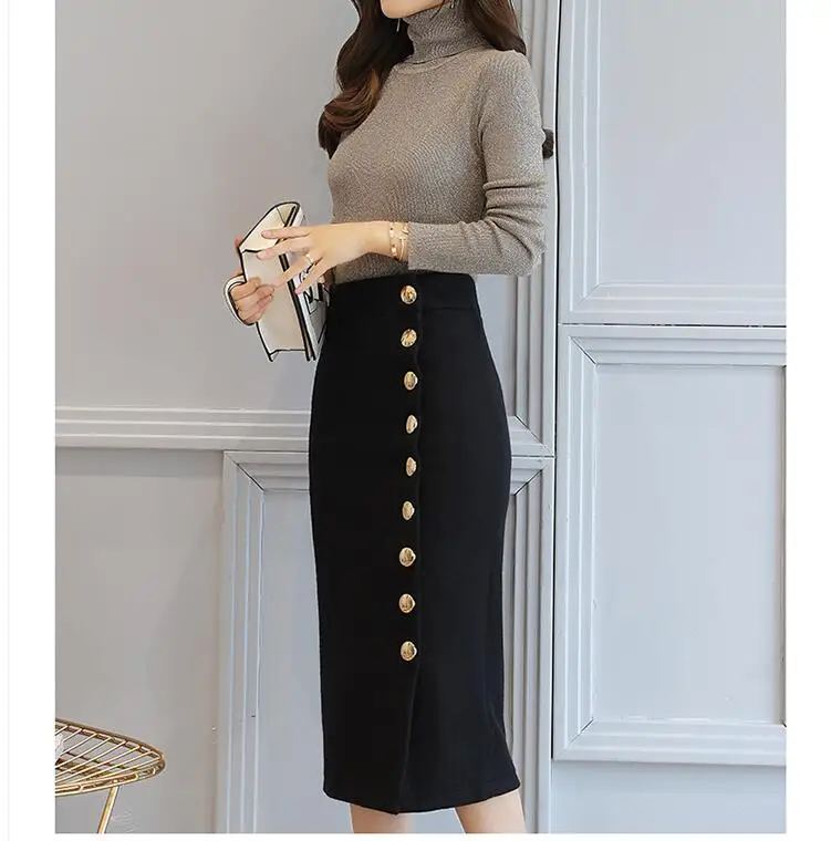 High Waist Warm Solid Pencil Office Midi Skirt