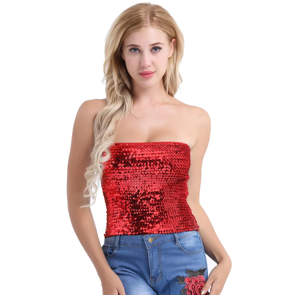 Женская мода блеск Светоотражающие пайетки стрейч Tank Crop Top вечерние Клубные костюмы ночь Вечерние без бретелек Tube Клубная одежда Топ