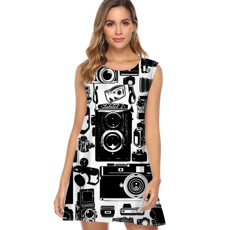 

Womens Tank Dress Casual Chiffon Swing Tunic Summer Boho Dress 2019 Sexy Mini Short Beach Star Cameras Printed Vintage Dress