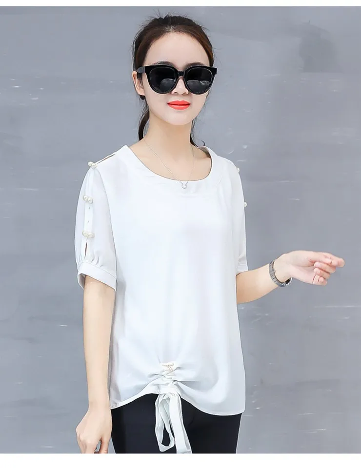 2018 New Arrival Chiffon Blouses Women Shirts Plus Size Beading Tops Female Fashion Short Sleeve O-neck Blusas Femininas  (6)