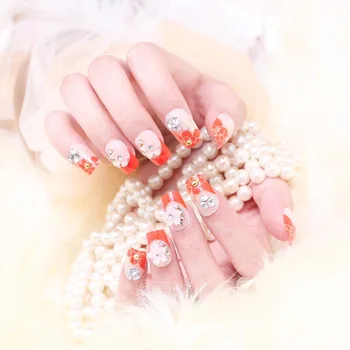 

24pcs/box back with glue 3D Flower False Nails Red and White Bride Wedding Fake Nails press on Full Cover Artificial Nail Tips