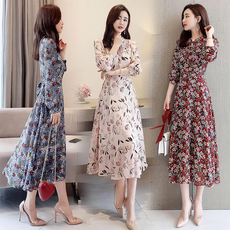 

Women Dress 2019 Spring New Chiffon Bow Neck Retro Elegante A-line Full Sleeve Vintage Dress Floral Casual Vestidos Female