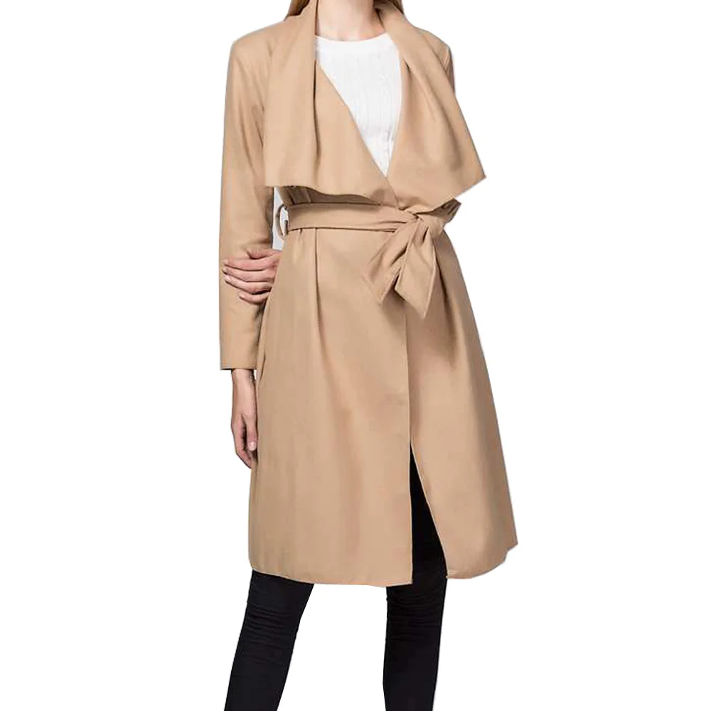 

Joineles Solid Wool Blend Long Trench Coat Women Classic Wide Lapel Belt Overcoat Spring Autumn Casual Outerwear Women'S Coat