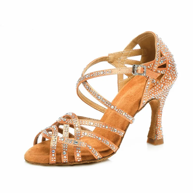 

New Latin Dance Shoes Women's Salsa Shoes Satin Shine Rhinestone Bronze Black Lady Ballroom Dancing Shoes High Heels
