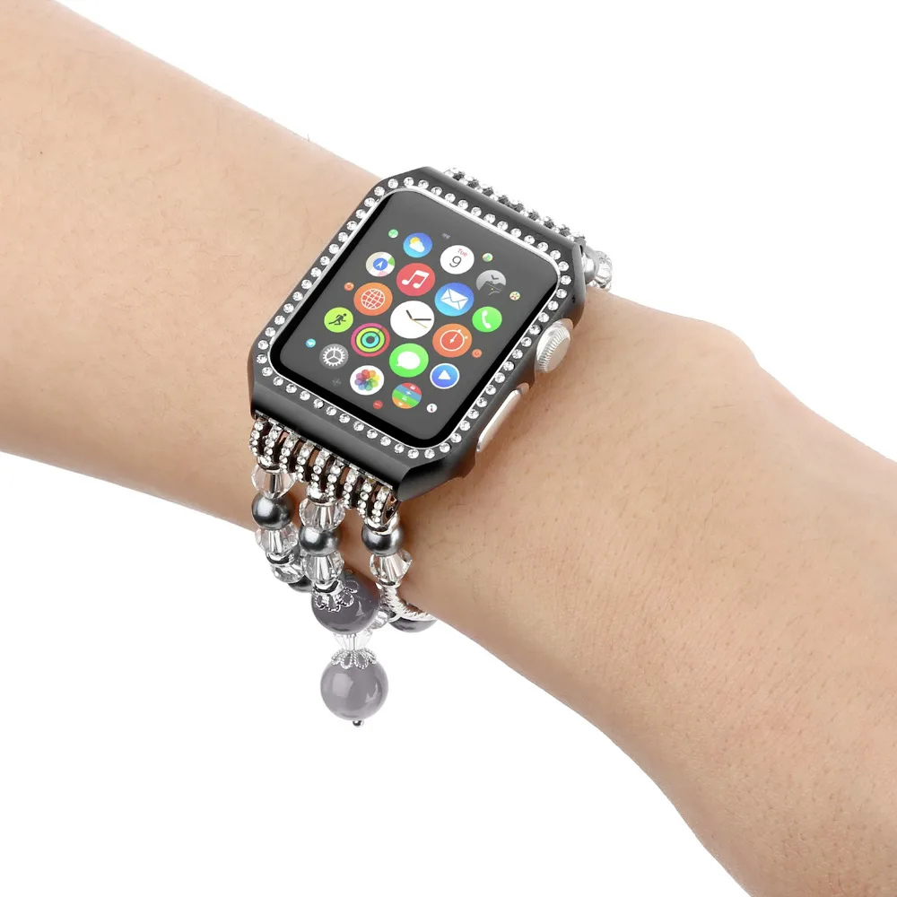 Folome для наручных часов Apple Watch серии 1/2/3 ручной работы эластичный браслет с искусственным жемчугом с Чехол со стразами ремешки для часов iwatch ремень