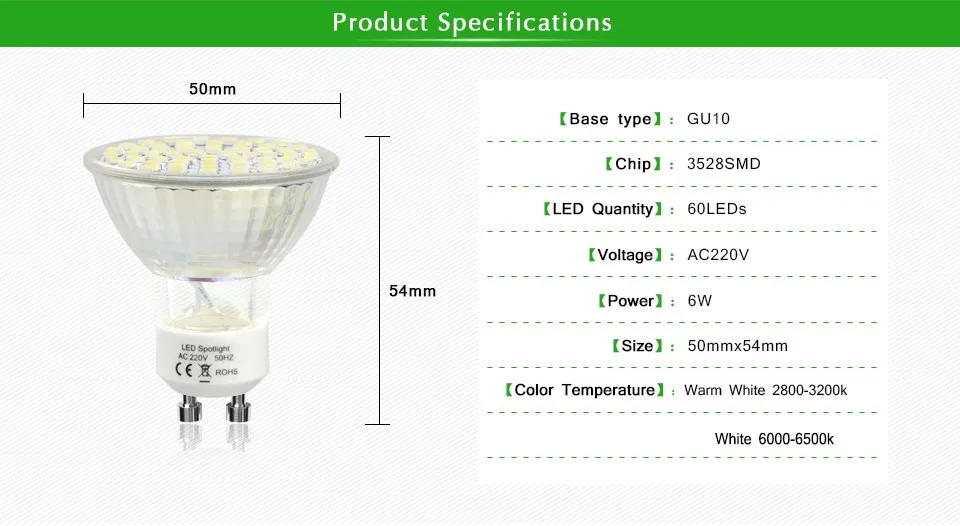 Светодиодный прожектор GU10 лампа 6 Вт AC 220 V термостойкого Стекло тела 3528 SMD 60 светодиодный s белый/теплый белый светильник со светодиодными лампами