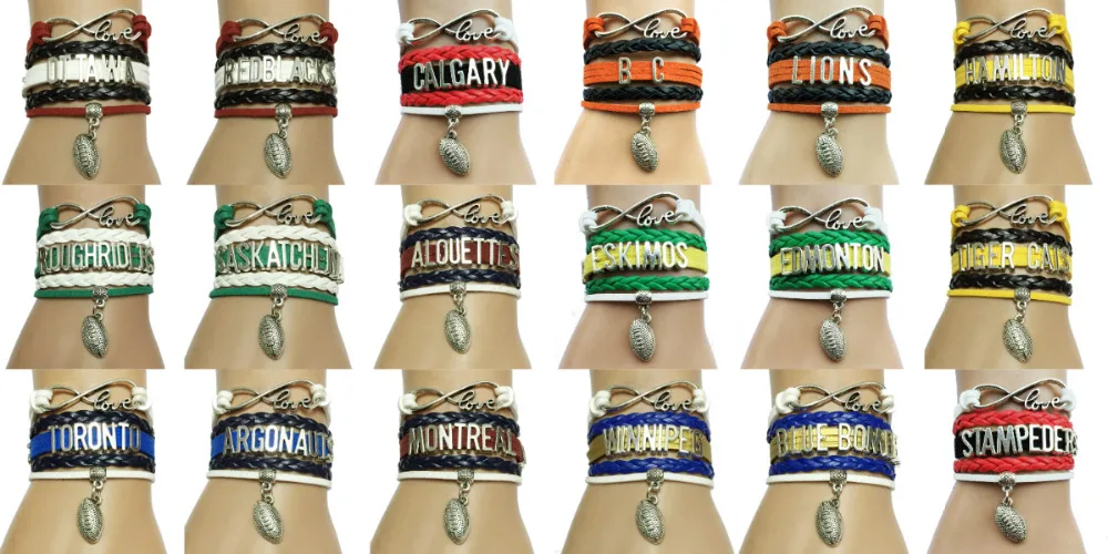 

Drop Shipping Infinity Love Football Charm Bracelets- Canadian Football Club Teams Fans Gift Leather Braided