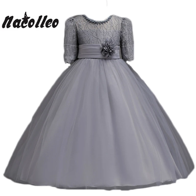 

Flower girl Dress Gray Short Sleeve Lace Beading Neckline silk Sashes Big Flower Girls Important Party Dresses Birthday Clothes