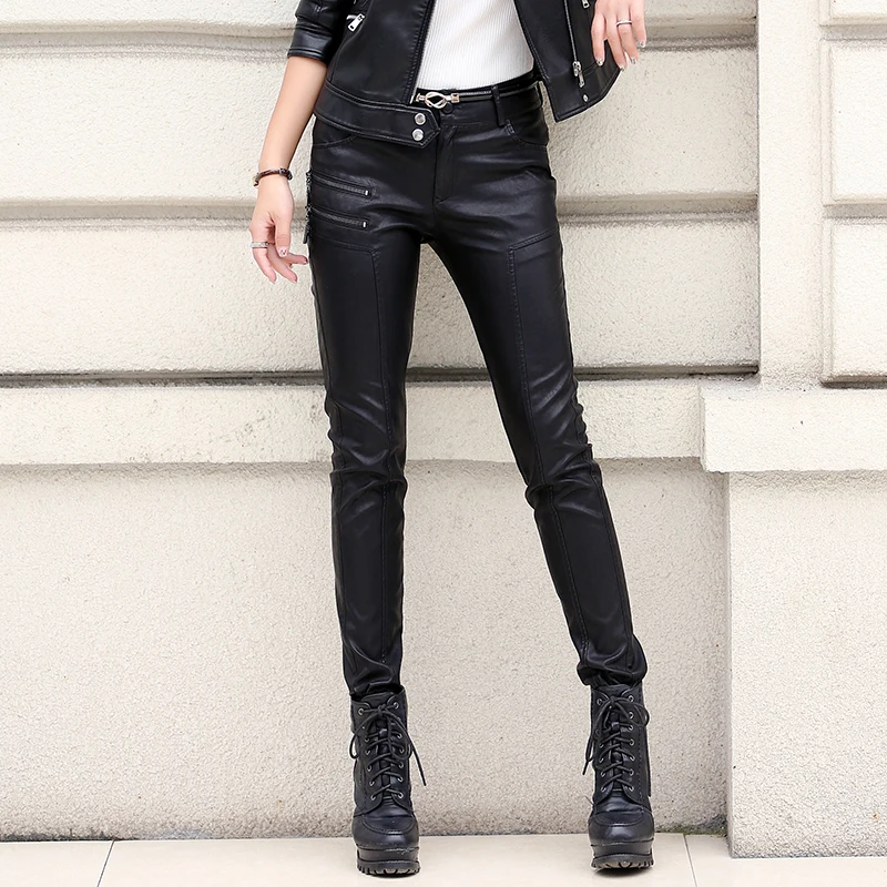 Autumn women's PU leather pants female slim trousers elastic skin tight -in Pants & Capris from 