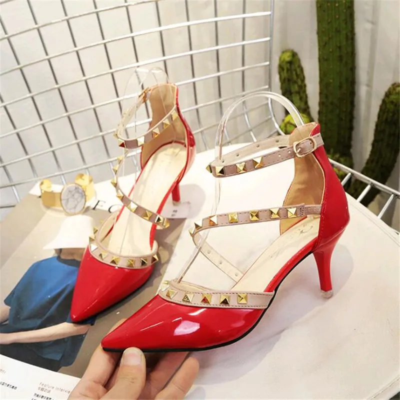 Sexy Pointed Toe Heels Sandals Woman Shoes Summer Rivet Kitten Heel Gladiator Sandals Women Red Beige Yellow 6cm - Цвет: Красный