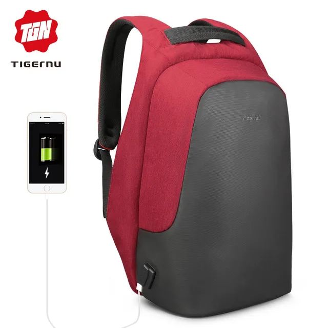 Tigernu Anti theft 15," зарядка через usb повседневный рюкзак для мужчин Путешествия непромокаемые модные школьный рюкзак женский мужской для подростков - Цвет: Red